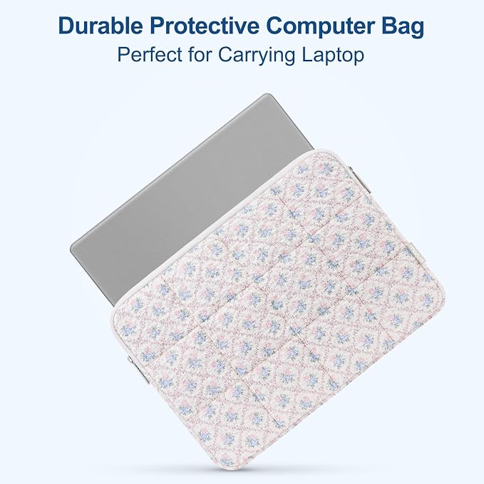 MOSISO 13-14 inch Laptop Case, 13.3 inch Puffy Laptop Sleeve Compatible with MacBook Air 13.6 M4 M3 M2 M1/Pro 13/Pro 14, HP Dell ASUS Lenovo, Square Quilted Carrying Bag with Small Case, Floral Grid