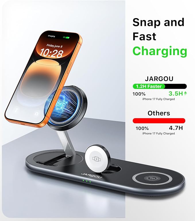 JARGOU Foldable Wireless Charger for iPhone with Magsafe Charger Stand, Fast Magnetic Phone and Watch Charger Station for iPhone 17 Air 16 15 14 13 12, for Apple Watch Charger, for AirPods