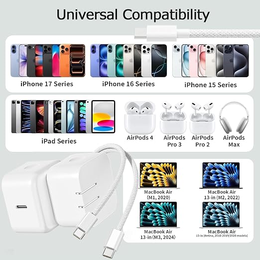6FT Fast Charger for iPhone 17/16,2Pack 40W Dynamic Foldable Type C Power Adapter with 60W Max with 6FT Fast Charging Woven Cable for iPhone 17 Pro Max/17/Air/16/16 Pro/15Pro Max,iPad Pro/Air/Mini