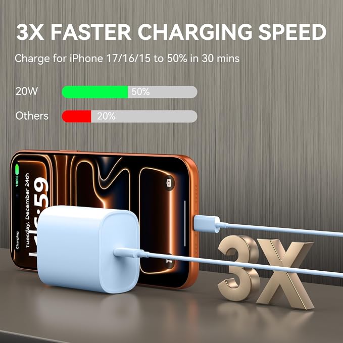 Phone 17 16 15 Charger Fast Charging, 10 FT Long USB C Charger Cord with 20W Type C Fast Phone Charging Block forPhone 17/17 Pro/17 Pro max/Air/Phone 16 15 Pro Max Plus, iPad, Android,Blue