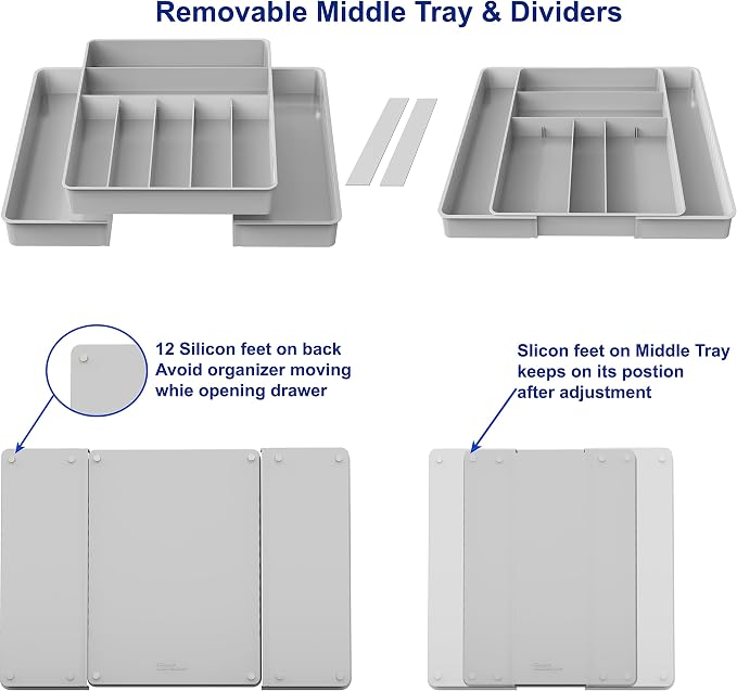 Simple Houseware Expandable Kitchen Drawer Flatware Organizer, Gray – Adjustable Cutlery Tray with 9 Compartments for Utensils and Silverware