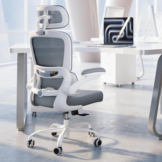 TRALT Ergonomic Office Chair - Desk Chair with Adjustable Headrest Lumbar Support Computer Chair - Mesh Comfy Chair with Flip-up Armrests - Gaming Chairs for Adults Home Office (Leather, Grey)