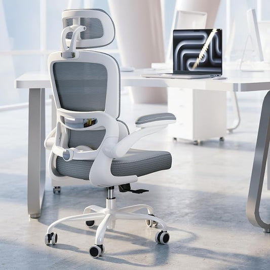 TRALT Ergonomic Office Chair - Desk Chair with Adjustable Headrest Lumbar Support Computer Chair - Mesh Comfy Chair with Flip-up Armrests - Gaming Chairs for Adults Home Office (Leather, Grey)