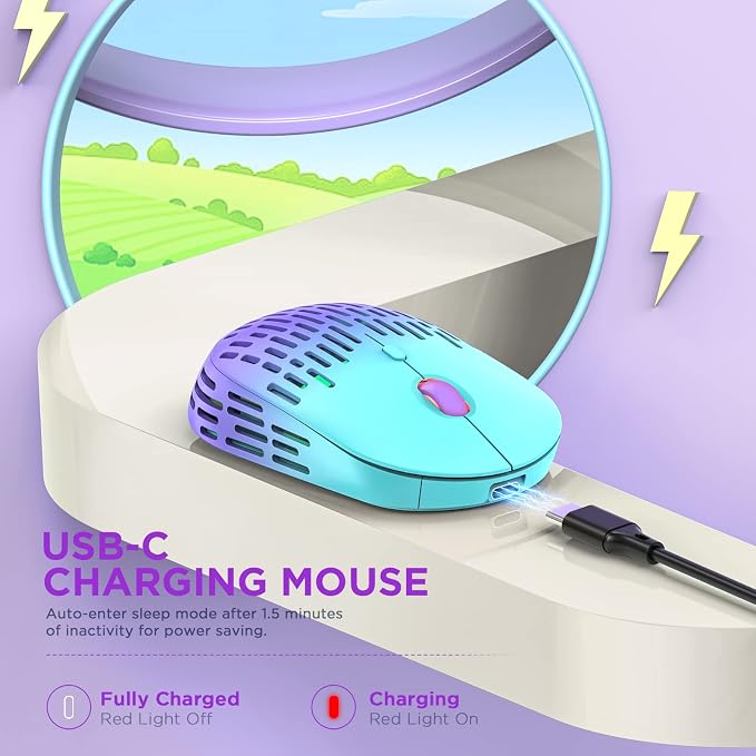 RAPIQUE Bluetooth Wireless Mouse, Dual Mode Rechargeable Silent Computer Mice with 2.4G Type C Receiver, USB C Mouse for MacBook, Laptop, Surface Pro, Chromebook, Tablet (Mint Green to Purple)