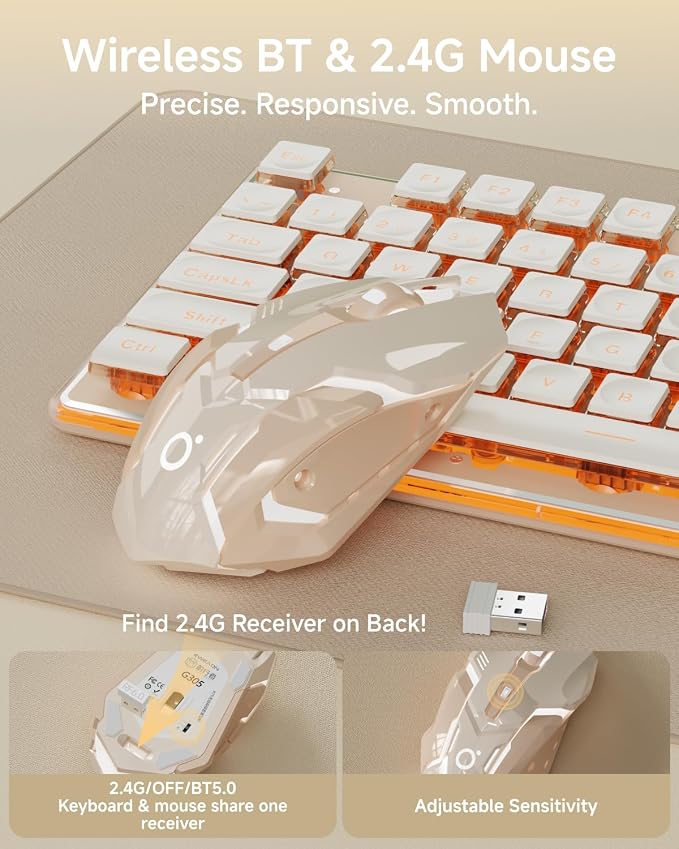 SEUNKWANG EWEADN V3 Wireless Keyboard and Mouse with Single Backlit, Metal Panel, Bluetooth/2.4G Rechargeable Computer Keyboard and Mouse Combo Silent Lighted Full Size Cute Keyboards-Rose Gold