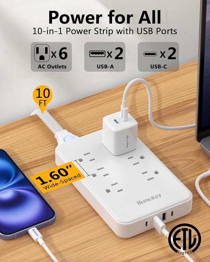 Innovative Power Strip, Cord Removable Design (10FT), Huntkey 6 Outlets Surge Protector with 4 USB Ports (2 USB-C, 2 USB-A), ETL Listed