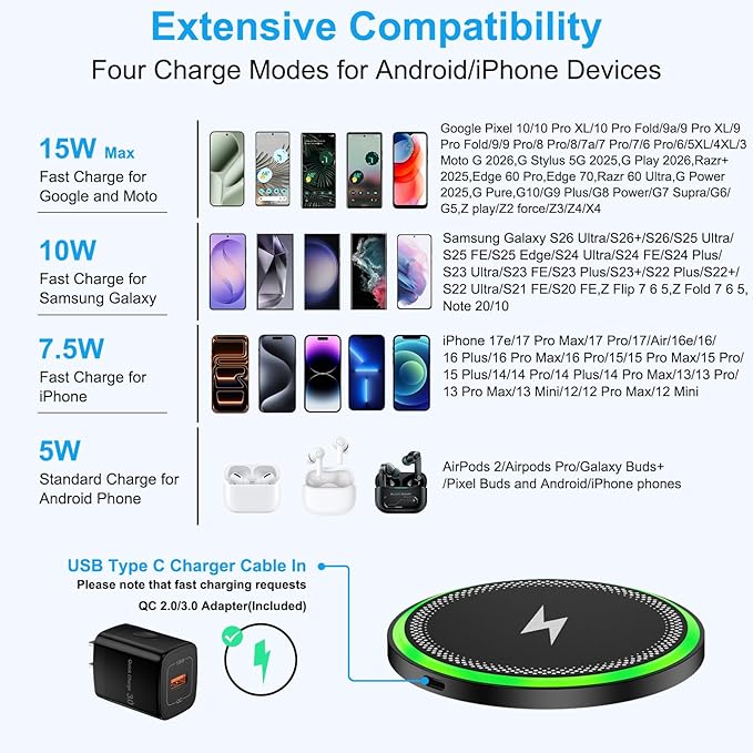 Samsung Wireless Charger Fast Charging Pad for Galaxy S26 Plus S26 Ultra S25 Ultra S25 FE/Edge S24FE S23 Z Flip/Fold7,Wireless Charging Station Cargador Inalámbrico Para for iPhone 17e 16 with Adapter