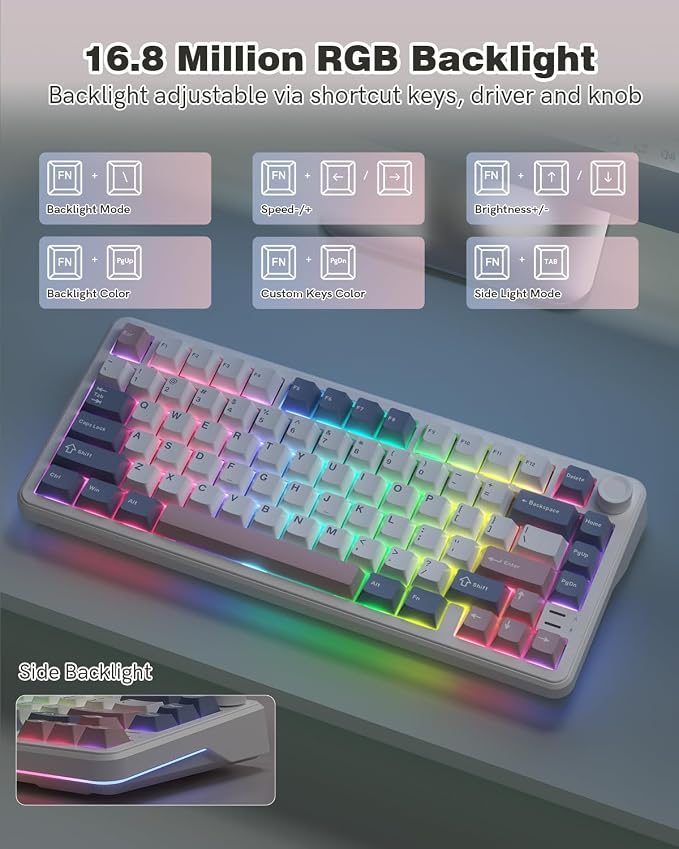 L75 75% Mechanical Keyboard, Wireless Gaming Keyboard with Multifunction Knob, Creamy Gasket Structure, Hot Swap, RGB Backlight, PBT Keycap, Custom Driver, Compact Layout for Win/Mac/PC
