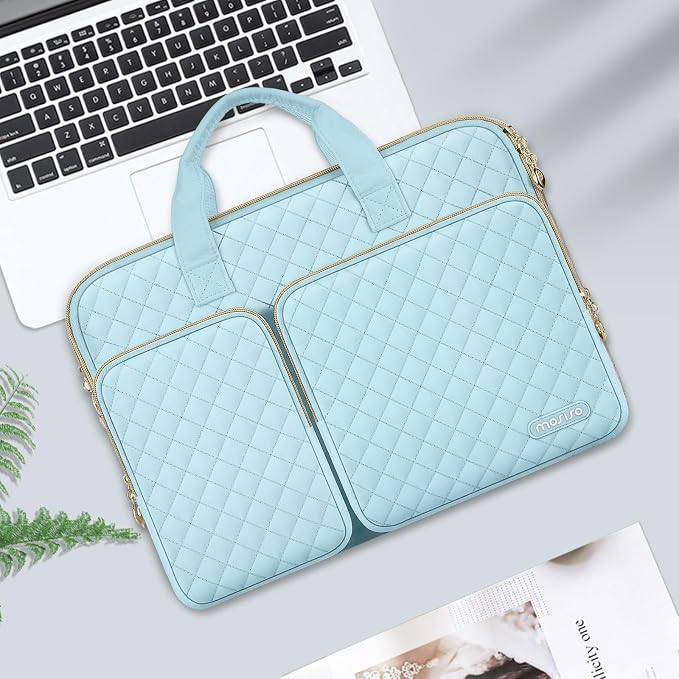 MOSISO 360 Protective Laptop Case 13.3 inch, 13-13.3 inch Laptop Sleeve Compatible with MacBook Air/Pro 13/Pro 14,HP Dell ASUS Lenovo, Square Quilted Bag Cover with 2 Pockets&Handle&Belt, Ice Blue