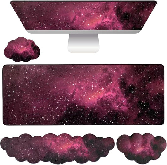 Cloud Mouse Pad Keyboard Wrist Rest 4PCS Extended Large Galaxy Desk Mat Pad Set Memory Foam Non-Slip Cute Ergonomic Gaming Mouse Pad Wrist Support for Computer Laptop Home Office Black Pink