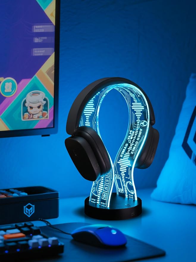 CoolGift Mart Light Up Headphone Stand with 16 Color Lights, Game Pattern Acrylic Headset Stand with 1 USB and 1 Type-C Charging Ports, Gifts for Gamers Men and Music Lovers