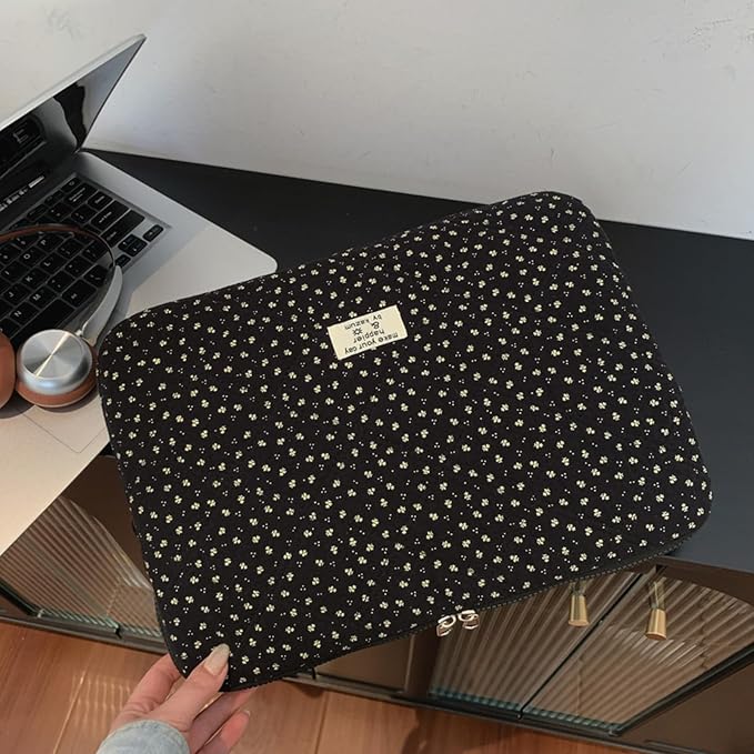 Puffy Laptop Sleeve 13-15.6 Inch Corduroy Quilted Laptop Protective Case Cute Floral Computer Sleeve Protective for MacBook (Black Ditsy Floral, 13-14 Inch)
