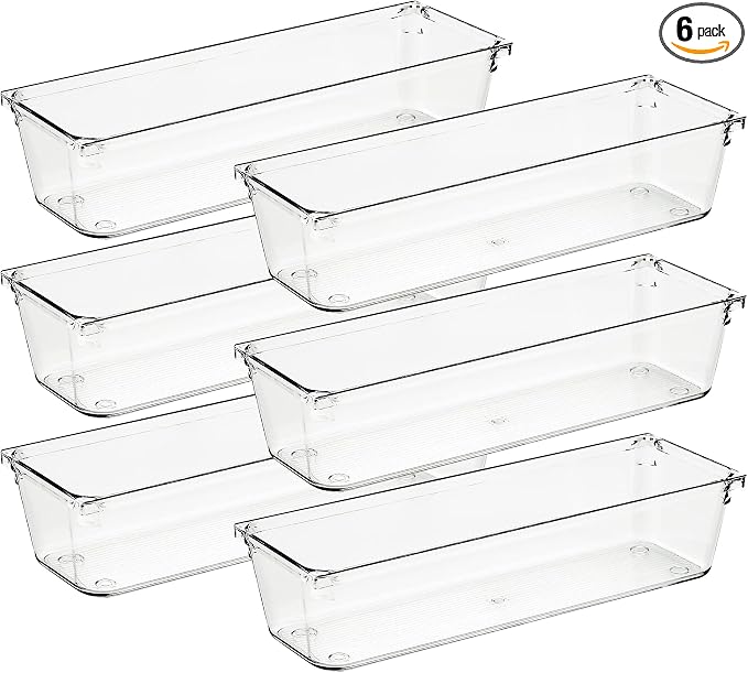 Ravinte 6 Pack Drawer Organizer - 3" X 9" Plastic Storage Bins, Acrylic Organizers with Non-Slip Pads Clear Desk Storage Tray for Makeup, Jewelries, Kitchen Utensils, Bathroom and Office