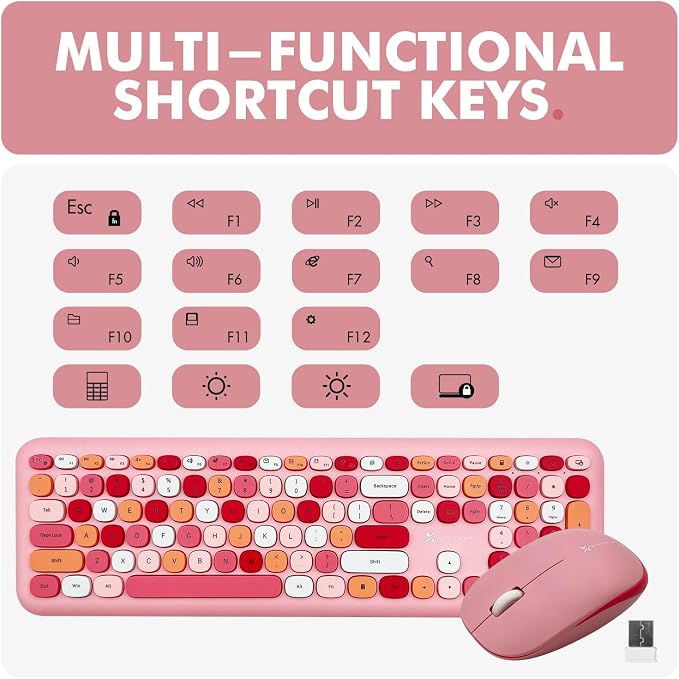 X9 Pink Keyboard and Mouse Wireless Combo - Retro Typewriter Keyboard and Mouse with Aesthetic Bubble Keys - Colorful Keyboard and Mouse Wireless for PC, Laptop, Windows, Chrome