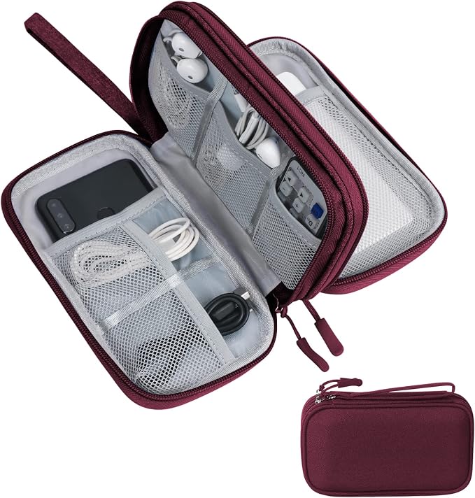 Skycase Electronic Organizer Travel Case - Waterproof Travel Cord Pouches for Organization, Cable Organizer, All-in-One Double Layers Storage Bag for Accessories, Charger, Cable, Wine Red - Large
