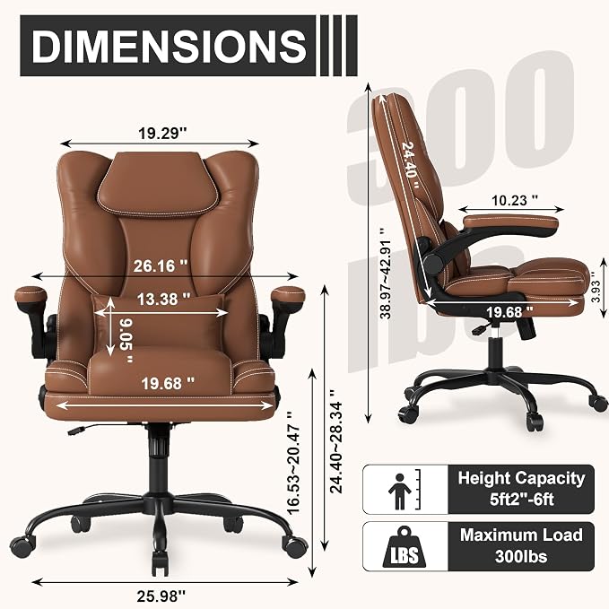 Ergonomic Office Chair with Flip-up Armrests, 300lbs Mid Back Computer Office Desk Chair with Lumbar Support, Executive Leather Chair with Rocking Function Adjustable Height for Home Office