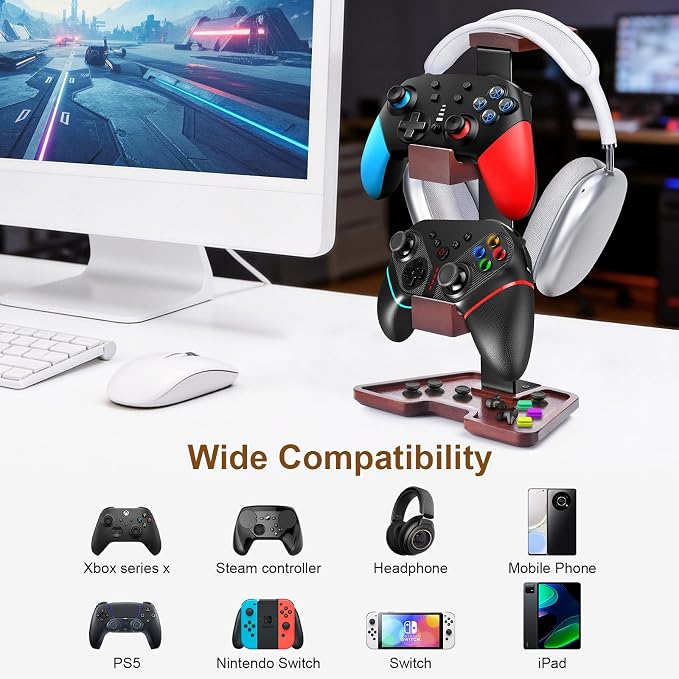 Solid Wood Headphone Stand Controller and Headset Stand Game Controller Holder for Desk Hanger Organizer Gaming Set Up Accessories for Xbox PS4 PS5 Nintendo Switch