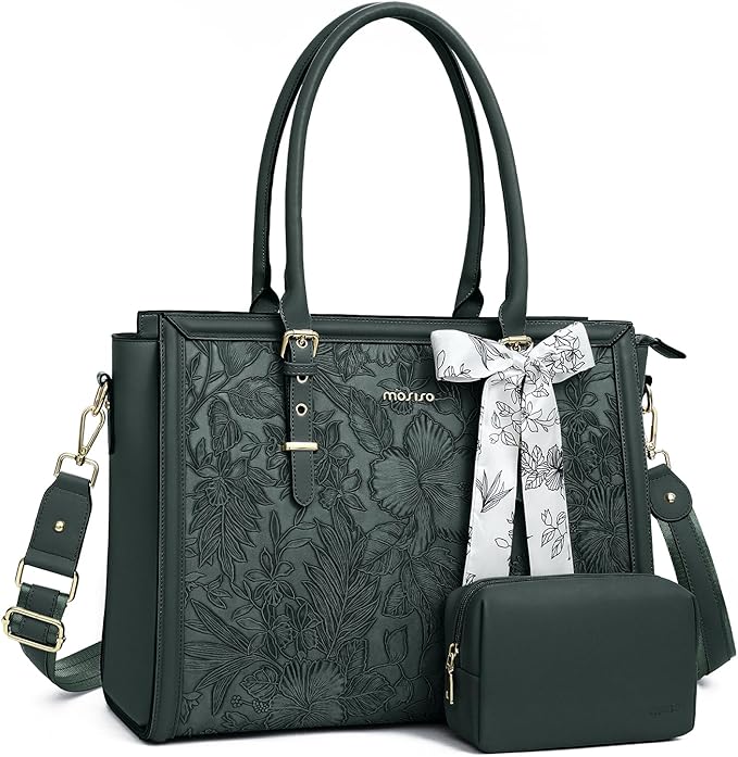 MOSISO Laptop Bag for Women, 15.6-16 inch PU Leather Tote Bag Compatible with MacBook, HP, Dell, Asus Notebook, Front Embossed Retro Hibiscus Computer Bags with Silk Scarf&Clutch Purse, Emerald Green