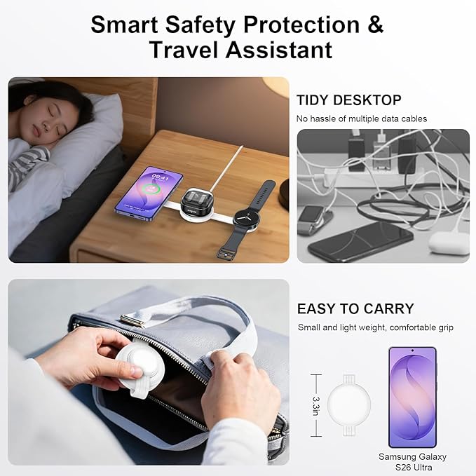 Galaxy S26 3 in 1 Wireless Charger Station, Foldable Fast Charging Pad for Samsung S25 Ultra S24, Wire Less Charging Galaxy Watch8/7 Buds4, Travel Charger for Samsung Multi Devices Cargador Inalmbrico