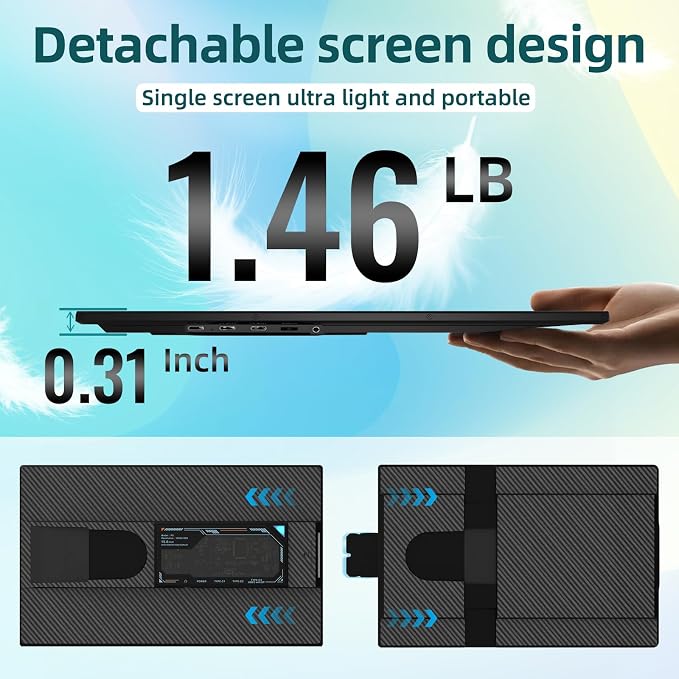 ROYY Laptop Screen Extender Dual Monitor - 15.6" Portable Monitor 85% NTSC IPS 1080P FHD Detachable Screen Extended Extra USB-C/HDMI Port Compatible with Wins Mac Dex Chrome Fits 13"-17" Laptops