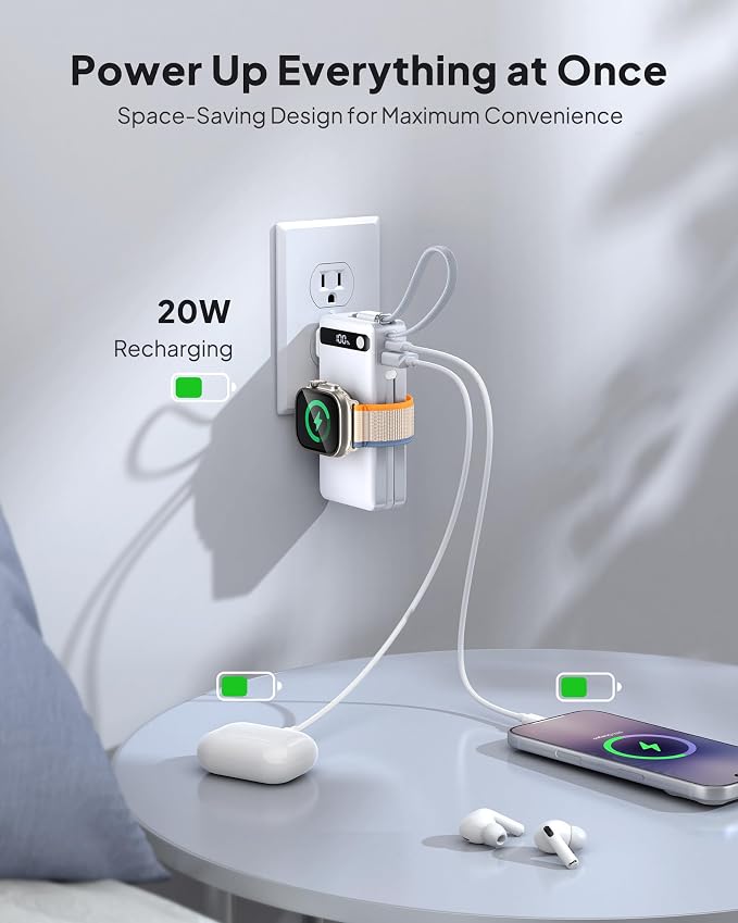 Portable Charger with Built-in Cables & Wall Plug, 10000mAh Power Bank, 5 Outputs 22.5W USB C Fast Charging, Mini Travel Essentials Battery Pack for iPhone 17/16/15/14, Apple Watch Ultra/11/10/9/8/SE