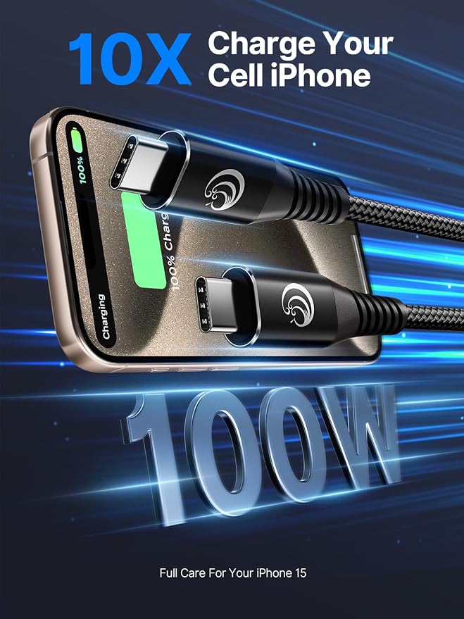 USBC to USBC 100W [10ft/2 Pack] USB C to USB C Fast Charging Cable Braided C to C Charger Cord 5A for MacBook Pro/Air, iPhone 16 15 Pro Max Plus,iPad Pro,Samsung Galaxy S24 Ultra S23,Pixel,PS5,Switch