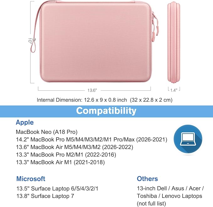 FINPAC Hard Laptop Sleeve Case for MacBook Neo A18 Pro, 13 inch MacBook Air 2026 M5/M4/M3/M2/M1, 14 inch MacBook Pro 2026 M5/M4/M3/M2 Pro/Max, Waterproof Case for Dell, Surface Laptop, HP, Acer, Pink