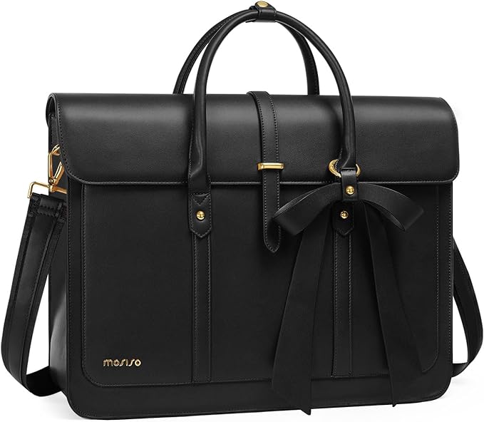 MOSISO Laptop Bag for Women, 13-14 inch PU Leather Laptop Shoulder Bags Convertible Backpack, 13.3 inch Messenger Bags Casual Handbag Work Briefcase Travel Computer Bag with Bowknot, Black