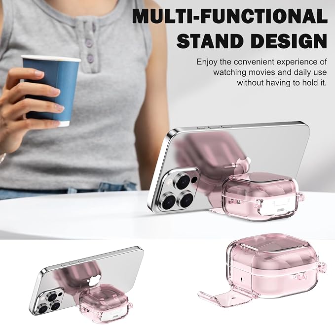 CameCosy Transparent case Compatible for Samsung Galaxy Buds 4/Buds 4 Pro 2026 with Lock Buckle & Phone Stand Function, TPU Shockproof Anti-Scratch Cover with Carabiner for Women Men, Clear Pink