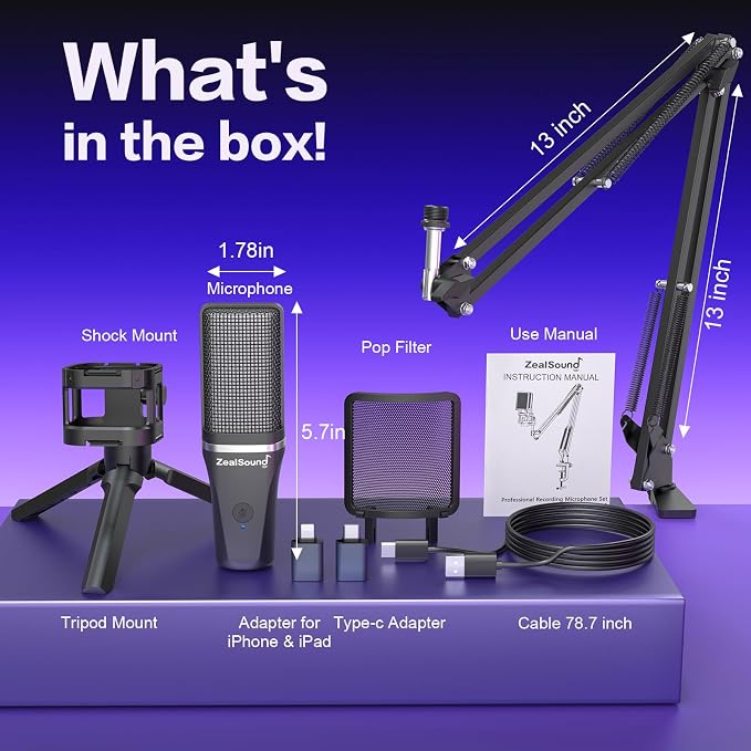 ZealSound Podcast Microphone, USB Mic with Noise Cancellation, Volume & Mute Control, RGB Light, Zero-Latency Monitoring, Gaming Microphones with Boom Arm & Tripod Stand for PC Mac iPhone and Android