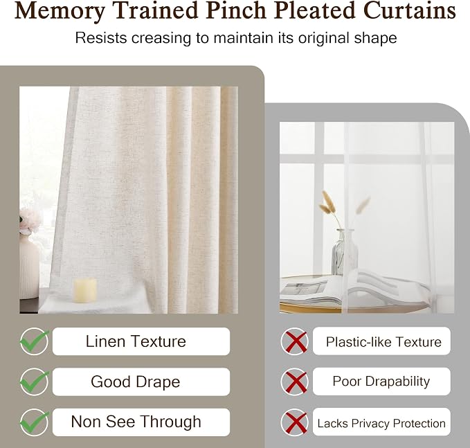 ANRODUO Memory Trained Pinch Pleated Curtains 96 Inches Long, Viral Linen Pinch Pleat Sheer Curtains with Ring Hooks&Clips for Track System, Beige Light Filtering Privacy Curtain 2 Panel Set W70xL96