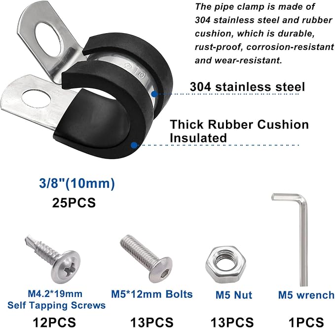 Taiss 50PCS 3/8 Inch Cable Clamps 304 Stainless Steel Rubber Cushion Insulated Wire Clamps,Pipe Clamps,Loop Clamps,Hose Clamp,Metal Rubber Clips With Two Kinds Of Screws(10mm) F-098-10mm
