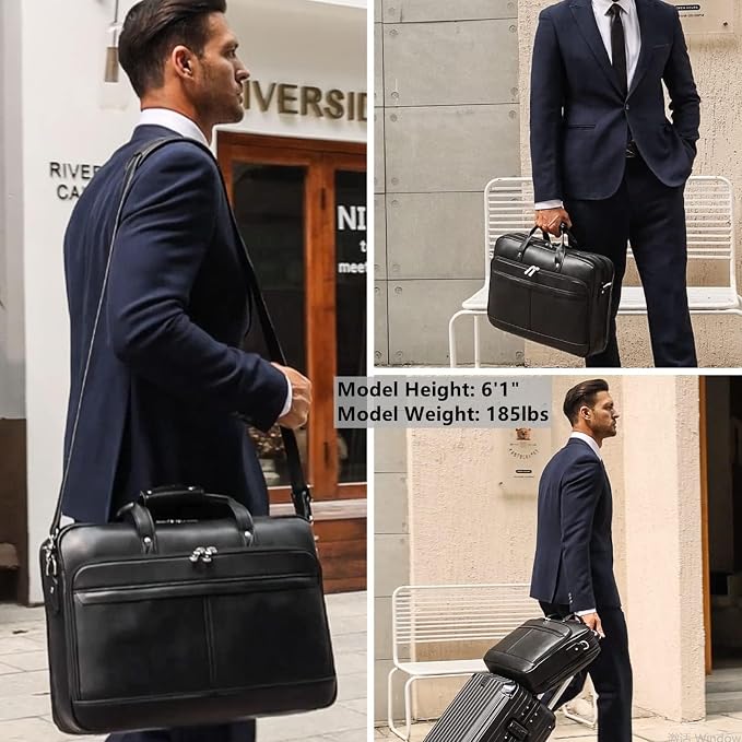 Masa Kawa Leather Briefcase for Men 17/15.6" Laptop Crossbody Shoulder Messenger Bag Business Travel Work Attache Case