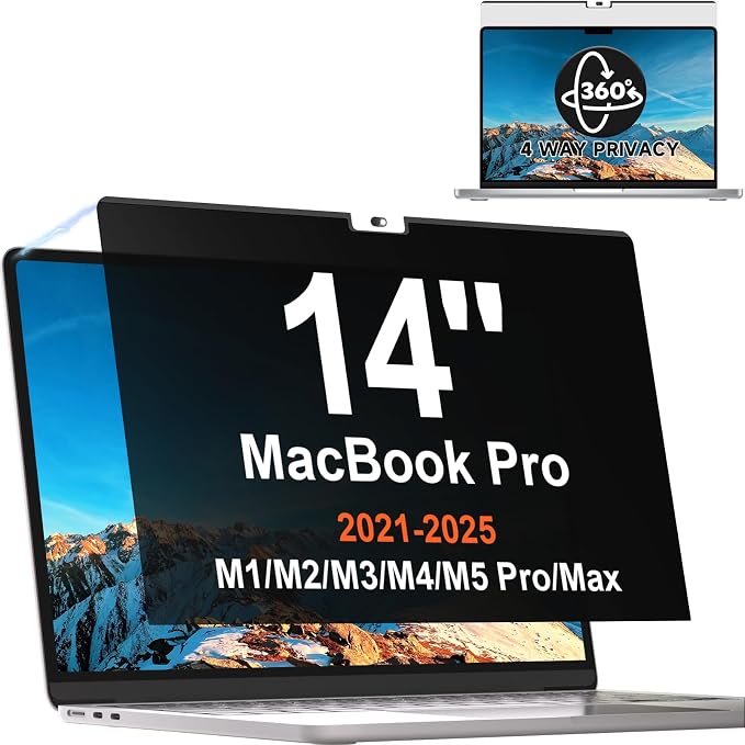 Magnetic 360° Privacy Screen for MacBook Pro 14 Inch (2021-2026, M1, M2, M3, M4, M5 Pro, Max), Removable Anti Glare Blue Light Filter, 4 Way Anti Spy Black Protector for Mac Pro 14In