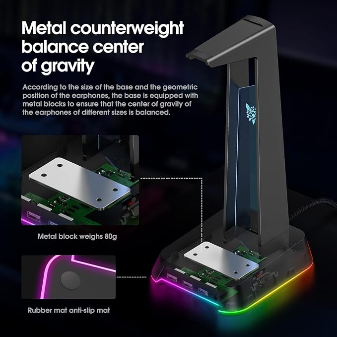 PHNIXGAM RGB Headphone Stand with 3.5mm AUX and 3 Port USB 2.0 Hub, Universal Gaming Headset Hanger Holder for Computer Gaming Gamer Accessories (Black)