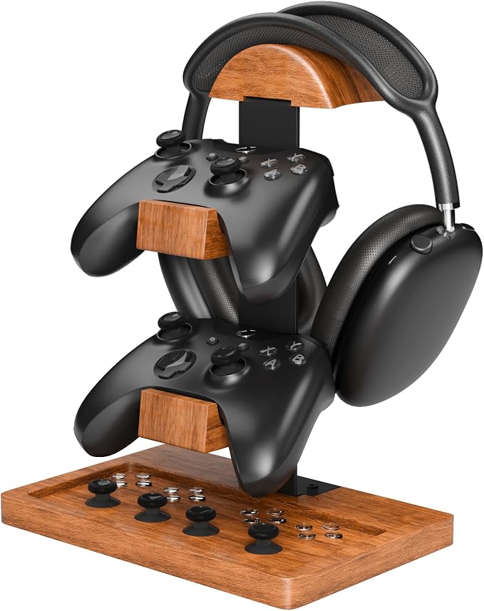 Headset Stand with Controller Holder, 3-in-1 Solid Walnut Wood Gaming Desk Organizer, Compatible with Controllers, Display Mount for AirPods Max, Bose, Sennheiser, Gift for Gamers