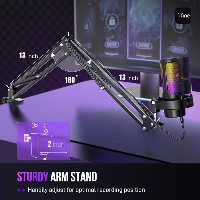 FIFINE USB Gaming Microphone Kit, PC Streaming Mic with RGB Lights, Mute, Gain Knob, Metal Boom Arm for Recording Podcast, Condenser Computer Microphone Set Compatible with PS4/PS5-AmpliGame A8T
