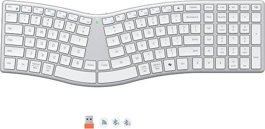 MEETION Wireless Ergonomic Keyboard, S-Curve Design Split Keyboard, 2.4G USB-A & Dual Bluetooth Keyboards, Slim Low-Profile Keys, Type-C Rechargeable, Full-Size Layout for Windows/Mac/PC/Laptop, White