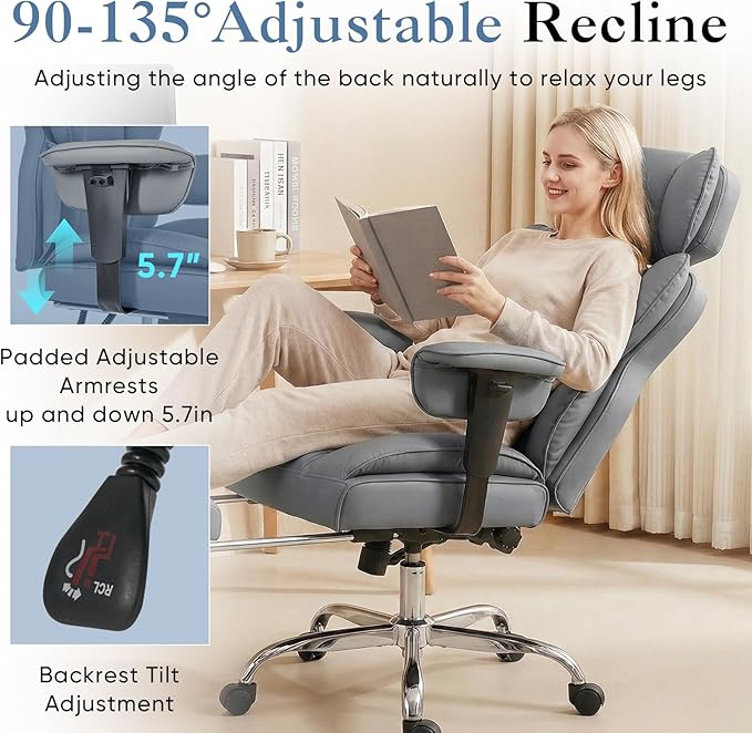 DUMOS Big and Tall Home Office Desk Chair, Gaming Computer Chair, Executive Ergonomic Chair with Footrest, High Back Reclining, Adjustable Armrests and Comfy Lumbar Support, PU Leather, Grey