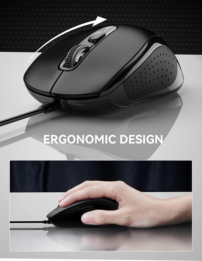 TECKNET Wired Mouse, USB Wired Computer Mice, 3600DPI 4 Adjustable Levels, 6-Button Ergonomic Mouse for Laptop PC Desktop Notebook - Black