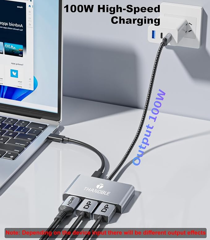 USB C to Dual DisplayPort Adapter and HDMI with 100W PD Charging, Triple 4K60Hz Monitor Extender for Dell/Surface Pro/HP, DP Splitter Extended Display Hub, Laptop Multi-Screen Adapter