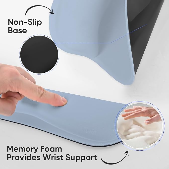RICHEN Wrist Rest Support for Mouse Pad&Keyboard Set with Coaster,Concave Curved Memory Foam, Non-Slip Base Pain Relief Comfortable Easy Typing Pad for Home/Office (Light Blue)