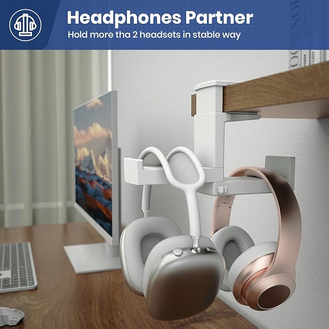 Dual Headphone Stand Holder - EURPMASK 2 in 1 PC Gaming Headset Hooks, 360 Degree Rotating Headphone Hanger with Adjustable Clamp & Cable Clip Organizer, Headset Mount Under Desk Earphone Clamp-White