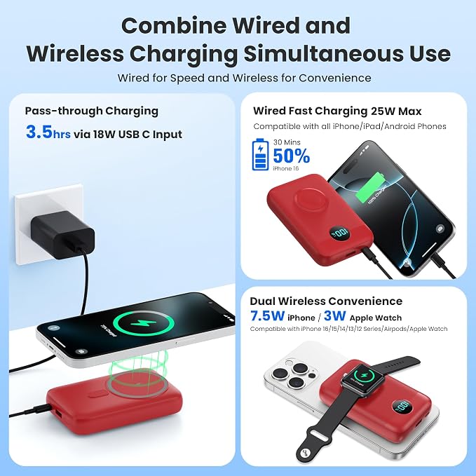 Magnetic Portable Charger for iPhone,10800mAh 4-in-1 Power Bank with iWatch Charger,25W PD Fast Charging Battery Pack for Magsafe,iPhone 17/16/15/14/13/12 Series,Apple Watch,Travel Essential,Red