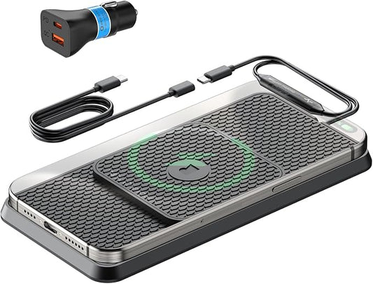 Wireless Car Charging Pad, Reestecqi 15W Fast Wireless Car Charger Pad Non Slip Charging Mat with 30cm Cable and 70cm Extension Compatible with iPhone 16 Pro/15/14/13 AirPods Samsung Google