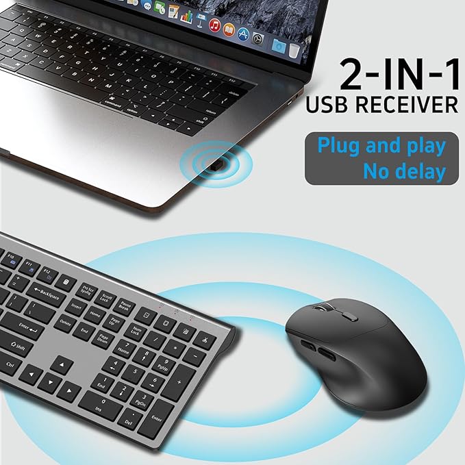 Wireless Keyboard and Mouse Combo, Silent Full-Size Computer Keyboard with Calculator Button, 2400 DPI Ergonomic Mouse, Quiet Click, USB Cordless Mice Set for Laptop PC Windows Mac - Black & Grey
