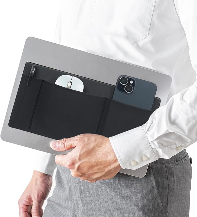 AMOZIFY® 3-Pocket Organizer, Mouse Holder for Laptop Stick On, Adhesive Pouch & External Hard Drive Sleeve, SSD Storage Case for MacBook, Reusable (Black)