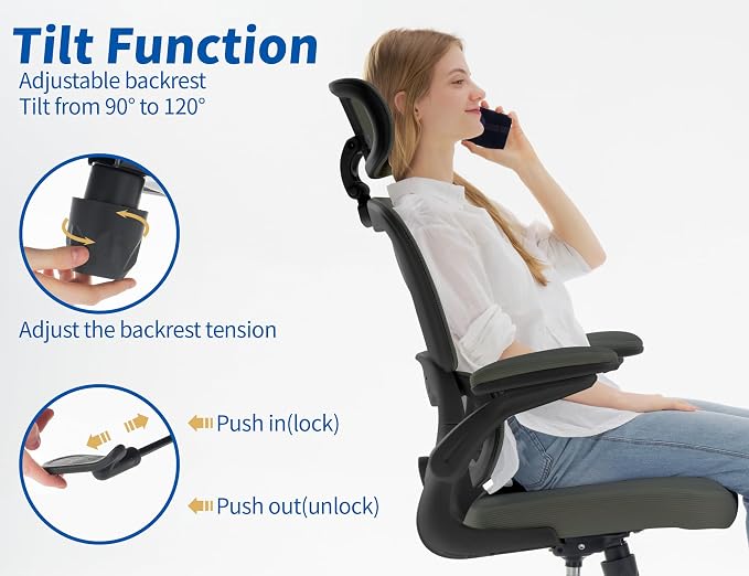 TRALT Ergonomic Office Chair - Desk Chair with Adjustable Headrest Lumbar Support Computer Chair - Mesh Comfy Chair with Flip-up Armrests - Gaming Chairs for Adults Home Office (Leather, Dark Green)