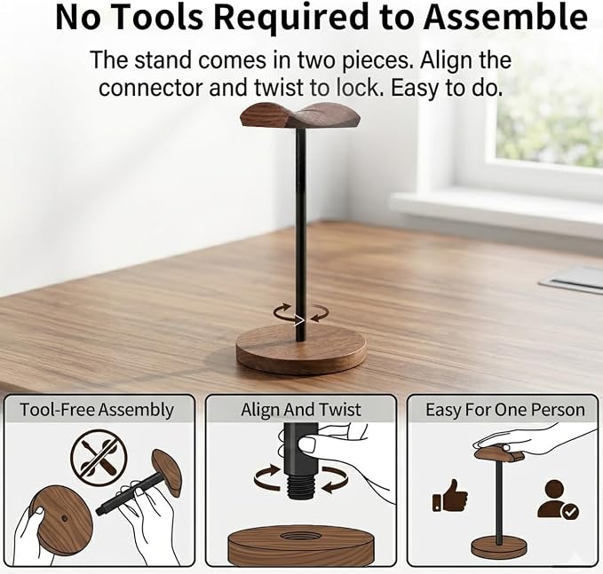 Headphone Holder Stand for Desk, Wood and Metal Headset Hanger Mount Hook Gaming Holder Desktop Earphone Artful Functional Craftsmanship Stand for All Headsets with Solid Wooden Base