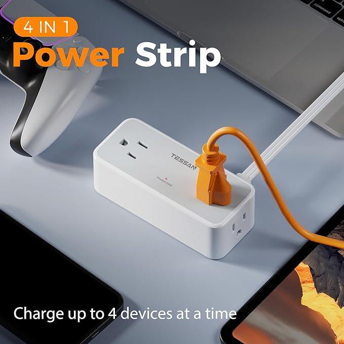 TESSAN Flat Plug Extension Cord 10 FT, Surge Protector Power Strip with 4 AC Outlets, 900 Joules Protection, Multiple Wall Outlet Extender Suitable for Office Dorm, Grey
